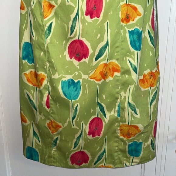 Vtg 80s/90s Alexander Campbell  green sleeveless sheath dress with tulip design - Picture 3 of 12